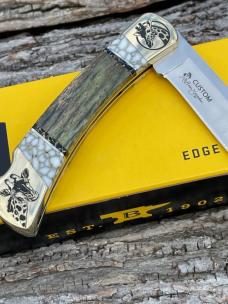 BUCK 110 ** BRIAN YELLOWHORSE CUSTOM GIRAFFE BONE/WHITE GOLD QUARTZ BRASS BOLSTERS