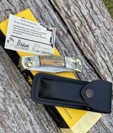 BUCK 110 ** BRIAN YELLOWHORSE CUSTOM GIRAFFE BONE/WHITE GOLD QUARTZ BRASS BOLSTERS