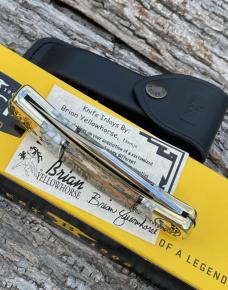 BUCK 110 ** BRIAN YELLOWHORSE CUSTOM GIRAFFE BONE/WHITE GOLD QUARTZ BRASS BOLSTERS