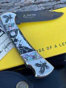 BUCK 112 ** YELLOWHORSE CUSTOM EAGLE MOUNTAIN ABALONE-BLACK GOLD QUARTZ-MOP MOON CHIP FLINT NICKLE