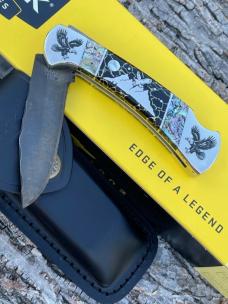 BUCK 112 ** YELLOWHORSE CUSTOM EAGLE MOUNTAIN ABALONE-BLACK GOLD QUARTZ-MOP MOON CHIP FLINT NICKLE