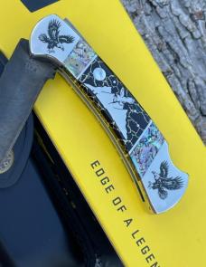 BUCK 112 ** YELLOWHORSE CUSTOM EAGLE MOUNTAIN ABALONE-BLACK GOLD QUARTZ-MOP MOON CHIP FLINT NICKLE