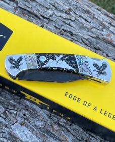 BUCK 112 ** YELLOWHORSE CUSTOM EAGLE MOUNTAIN ABALONE-BLACK GOLD QUARTZ-MOP MOON CHIP FLINT NICKLE