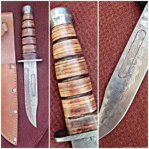 Damascus US Military Design. Hand Made, hand forged. Leather ring handle.knife with leather sheath