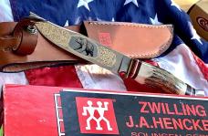 J A Henckels Fixed Blade Hunter Knife w/ Stag Handles & Gold Blade Etch of A Black Bear