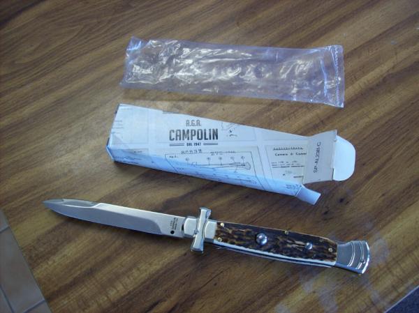A. G. A. Campolin Maniago, Italy Maltese Cross Bayonet 9 Incher Lockback W/Genuine Stag/Antler NIB