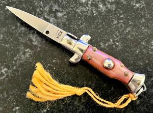 Pink Imitation Mother Of Pearl Miniature Keychain Switchblade Knife, Older Style From Italy