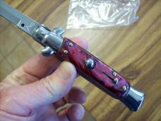  AKC Italy 9 Inch Stiletto Automatic W/Bayonet Blade Red Swirl Composition UNUSED!
