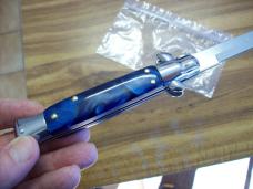  AKC Italy 9 Inch Stiletto Automatic W/Bayonet Blade Blue Swirl Composition UNUSED!