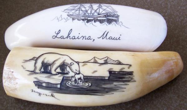 2 scrimshawed ivory Whale Teeth for custom Knife Handle projects
