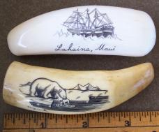 2 scrimshawed ivory Whale Teeth for custom Knife Handle projects