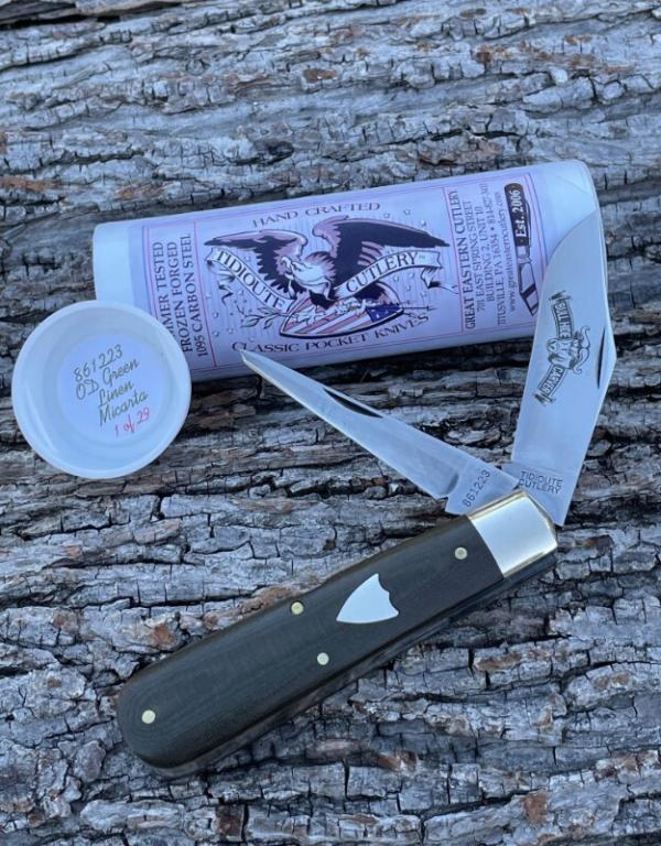 GEC TIDIOUTE ** 861223 OD GREEN LINEN MICARTA BULL HIDE CARVER (1 OF 29)