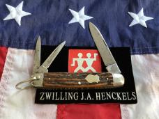 J A Henckels 3 Blade Pocket Knife w/ Great Antique Stag Handles 