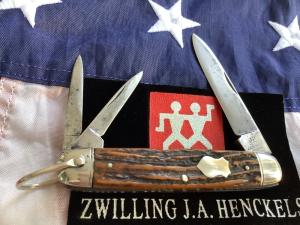 J A Henckels 3 Blade Pocket Knife w/ Great Antique Stag Handles
