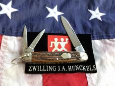 J A Henckels 3 Blade Pocket Knife w/ Great Antique Stag Handles 