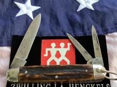 J A Henckels 3 Blade Pocket Knife w/ Great Antique Stag Handles 