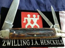 J A Henckels 3 Blade Pocket Knife w/ Great Antique Stag Handles 
