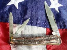 Antique J A Henckels (Long Arm Twin Men) 3 Blade Whittler w/ Sweet Stag Handles -Used