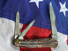 Antique J A Henckels (Long Arm Twin Men) 3 Blade Whittler w/ Sweet Stag Handles -Used