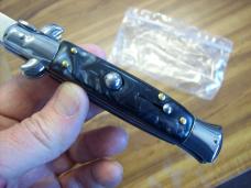  AKC Italy 9 Inch Stiletto Automatic W/Bayonet Blade Black & White Swirl Composition UNUSED!
