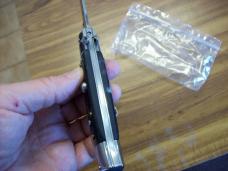  AKC Italy 9 Inch Stiletto Automatic W/Bayonet Blade Black & White Swirl Composition UNUSED!