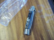 AKC Italy 9 Inch Stiletto Automatic W/Bayonet Blade Black & White Swirl Composition UNUSED!
