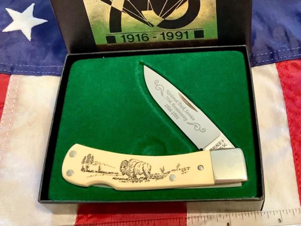 Schrade Scrimshaw 3 & 3/4” Lockback w Buffalo in nature Scene +artist signature (515 SC) -NOS & M/NM Schrade Scrimshaw 3 & 3/4” Lockback w Buffalo in nature Scene +artist signature (515 SC) -NOS & M/NM