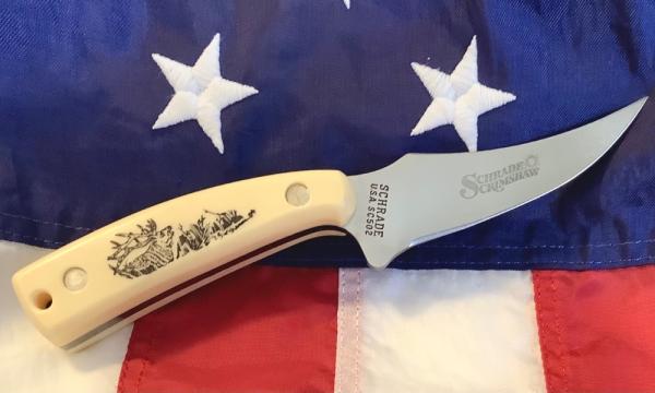 Schrade Scrimshaw 7 & 1/4” Sharpfinger Fixed Blade w/ Elk Scene +artist signature (SC 502) -NOS Schrade Scrimshaw 7 & 1/4” Sharpfinger Fixed Blade w/ Elk Scene +artist signature (SC 502) -NOS