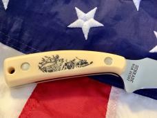 Schrade Scrimshaw 7 & 1/4” Sharpfinger Fixed Blade w/ Elk Scene +artist signature (SC 502) -NOS