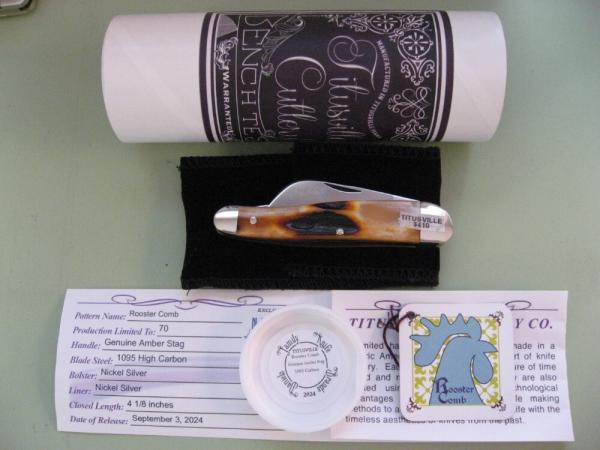 DANIELS FAMILY KNIFE BRANDS-TITUSVILLE CUTLERY-ROOSTER COMB GENUINE AMBER STAG #1 DANIELS FAMILY KNIFE BRANDS-TITUSVILLE CUTLERY-ROOSTER COMB GENUINE AMBER STAG #1