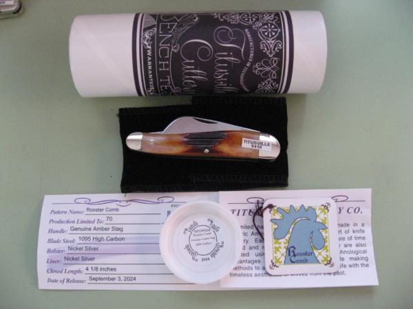 DANIELS FAMILY KNIFE BRANDS-TITUSVILLE CUTLERY-ROOSTER COMB GENUINE AMBER STAG #2 DANIELS FAMILY KNIFE BRANDS-TITUSVILLE CUTLERY-ROOSTER COMB GENUINE AMBER STAG #2