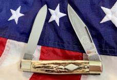 1983 Hand Made Bulldog Brand 4” Lumber Jack Large Moose Knife w/ Sweet Stag Handles -NOS