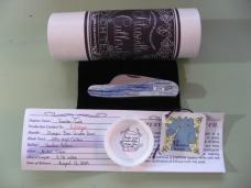   DANIELS FAMILY KNIFE BRANDS-TITUSVILLE CUTLERY-ROOSTER COMB PROTO OLYMPIC BLUE GIRAFFE SHAD SHADOW