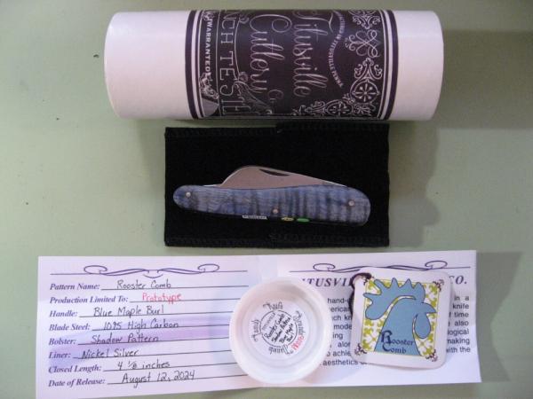   DANIELS FAMILY KNIFE BRANDS-TITUSVILLE CUTLERY-ROOSTER COMB PROTO BLUE MAPLE BURL SHADOW