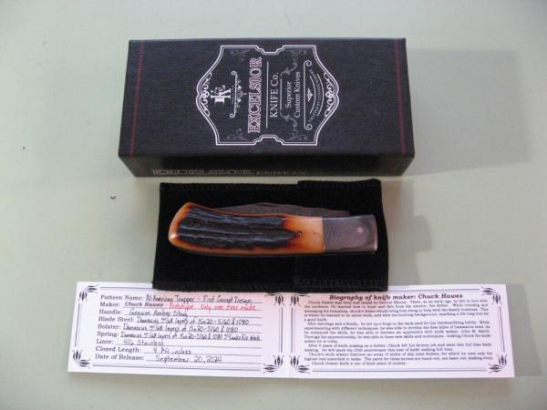 DANIELS FAMILY KNIFE BRANDS-EXCELSIOR KNIFE CO-ALL AMERICAN TRAPPER AMBER STAG FIRST CONCEPT PROTO