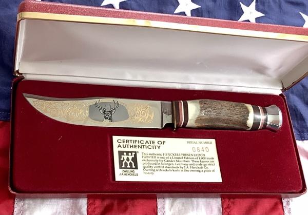 J A Henckels Fixed Blade Hunter Knife -Great Stag Handles -Gold Blade Etch #840 of 1000 J A Henckels Fixed Blade Hunter Knife -Great Stag Handles -Gold Blade Etch #840 of 1000