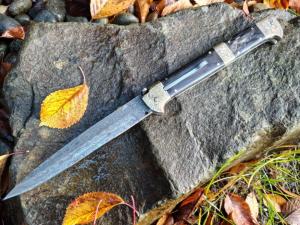 Custom Damascus 13 inch Tab Release With Double Eagles Engraving and Filework