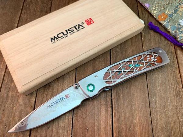 Mcusta Custom Premier Series Abalone Inlay in Wood 33 Layer San Mai Damascus VG-10 Seki Japan