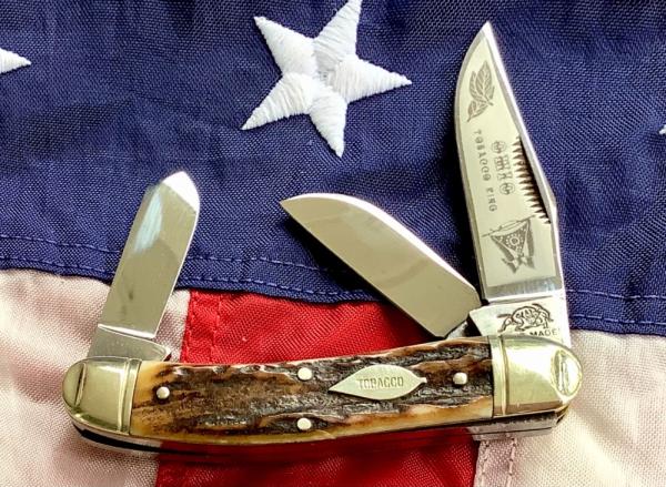 1st Generation 1984 Bulldog Brand Stockman “Ohio Tobacco King” Blade Etch w Gnarly Stag Handles 1st Generation 1984 Bulldog Brand Stockman “Ohio Tobacco King” Blade Etch w Gnarly Stag Handles