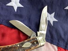 1st Generation 1984 Bulldog Brand Stockman “Ohio Tobacco King” Blade Etch w Gnarly Stag Handles