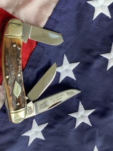 1st Generation 1984 Bulldog Brand Stockman “Ohio Tobacco King” Blade Etch w Gnarly Stag Handles