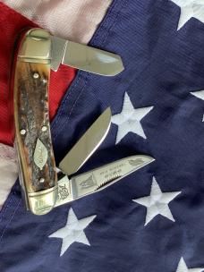 1st Generation 1984 Bulldog Brand Stockman “Ohio Tobacco King” Blade Etch w Gnarly Stag Handles