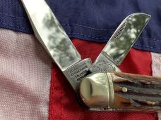1st Generation 1984 Bulldog Brand Stockman “Ohio Tobacco King” Blade Etch w Gnarly Stag Handles