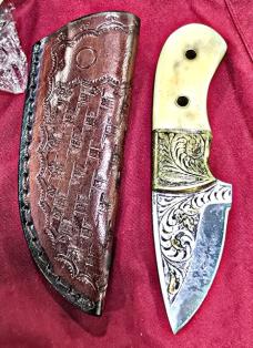 Chisel hand Engraved FULL TANG construction knives. Bone handle. Floral or symmetrical pattern 
