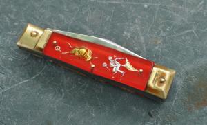 Swirchblade Japan Bullfight 4" Closed Red Gold Plexiglas Factory Edge Heavy Brass Hardware