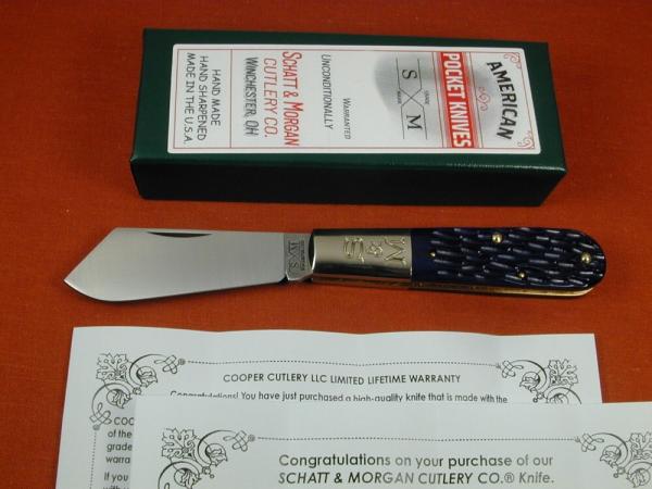 Schatt & Morgan Blue Jigged Bone Cotton Barlow Knife by Cooper Cutlery Rare 69CB-B Made in USA