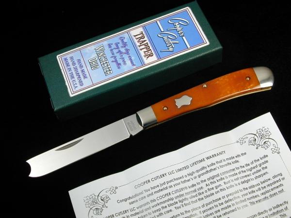 Cooper Cutlery Burnt Orange Sawcut Bone Razor Trapper Knife Made In USA 5119BOSCZ