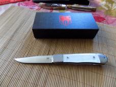 Cobra Tec Knives, Hidden Release auto Trapper Knife-White Abalone Handles With Box