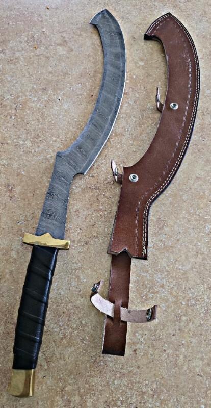 Damascus Egyptian Kopesh sword. Leather wrapped handle. Solid BRASS pommel and guard 