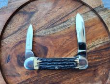 Queen Steel #64, Etched Canoe Knife - c.1970's, Imitation Stag